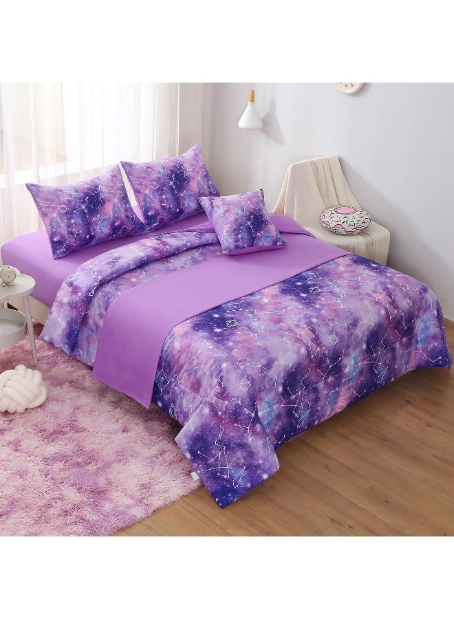 JQinHome Full Gradient Galaxy Comforter Set for Girls, 6 Piece Bed in A Bag 3D Colorful Tie Dye Constellation Print Ombre Bedding Set with Pillowcase, Flat & Fitted Sheet, Cushion Cover (Purple) - Image 4